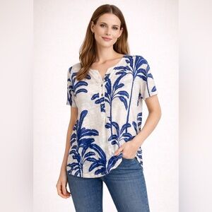 Tahari Linen Lyocell Palm Leaf Print Short Sleeve Button Front Top Medium